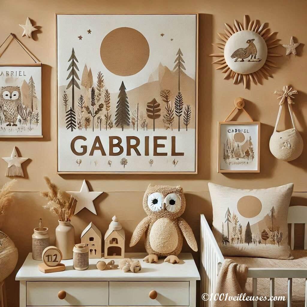 Decoration chambre petit garcon theme beige avec le prenom gabriel et des accessoires sur le theme de la foret