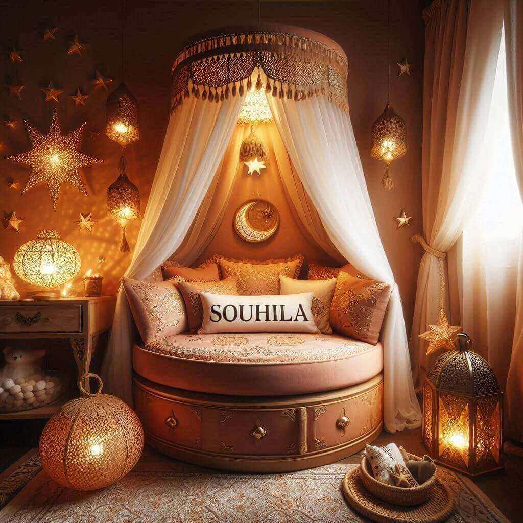 Decoration chambre petite fille avec le prenom souhila theme exotique orientale avec tons chauds lit rond avec baldaquin