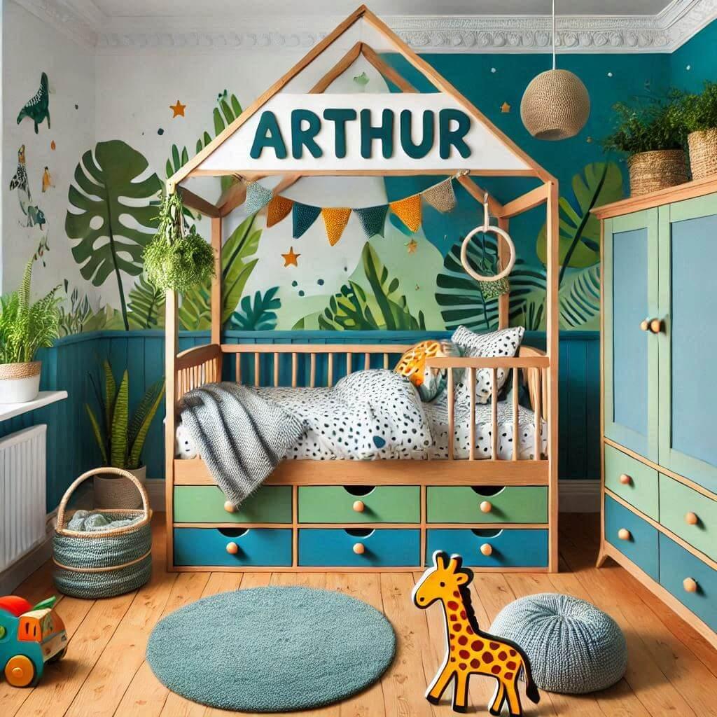 Decoration de chambre de bebe garcon avec le prenom arthur sur le theme jungle avec un lit cabane et des tiroirs couleurs vives