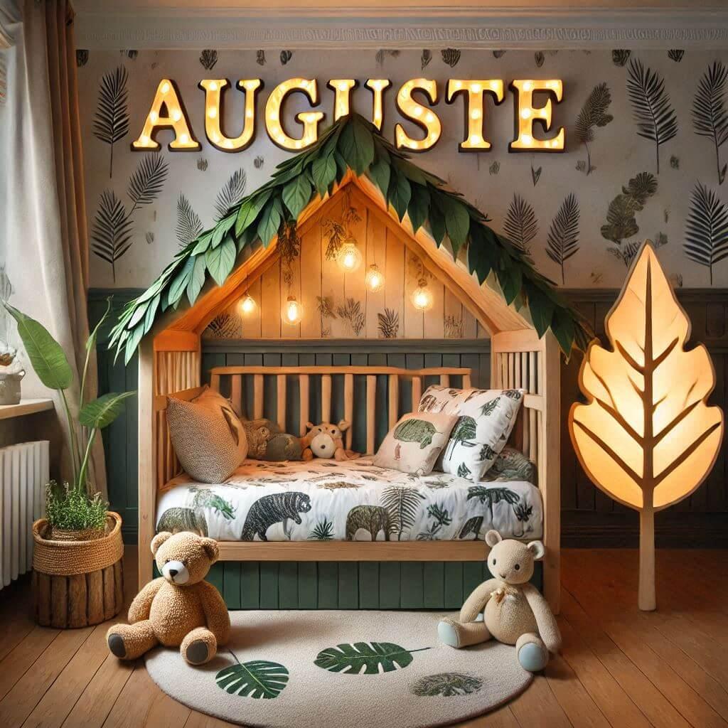 Decoration de chambre de bebe garcon avec le prenom auguste un lit cabane maison avec des feuilles et des peluches animaux theme le dessin anime le livre de la jungle lampe feuille