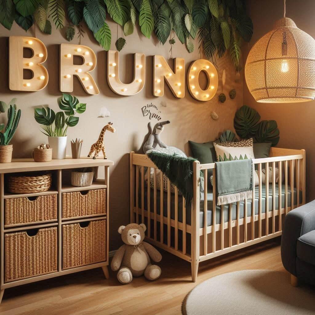 Decoration de chambre de bebe garcon avec le prenom bruno sur le theme jungle avec un lit cabane et des tiroirs lampe en rotin allumee 1 1