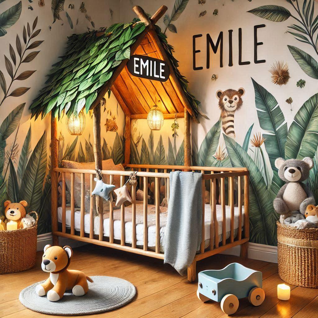 Decoration de chambre de bebe garcon avec le prenom emile un lit cabane maison avec des feuilles et des peluches animaux theme le dessin anime le livre de la jungle lampe feuille a