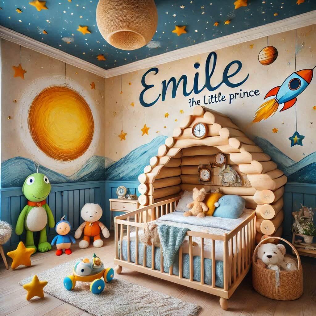 Decoration de chambre de bebe garcon avec le prenom emile un lit cabane theme le dessin anime le petit prince