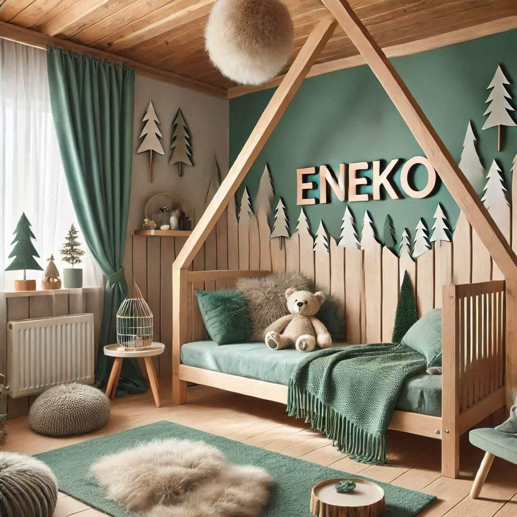 Decoration de chambre de bebe garcon avec le prenom eneko sur le theme de la foret couleur vert d eau et bois naturel avec des tapis de fourrure angle de vue 1