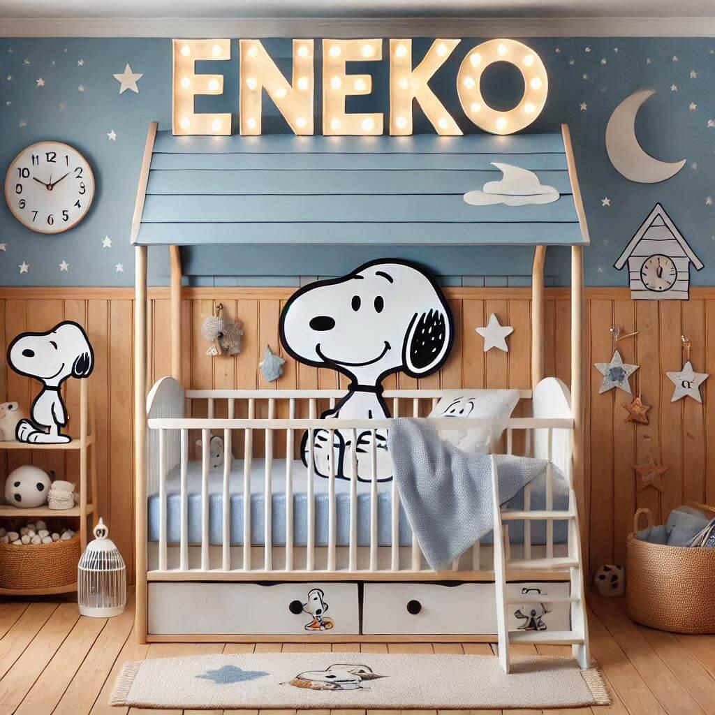 Decoration de chambre de bebe garcon avec le prenom eneko un lit cabane theme snoopy comme une vraie photo 3