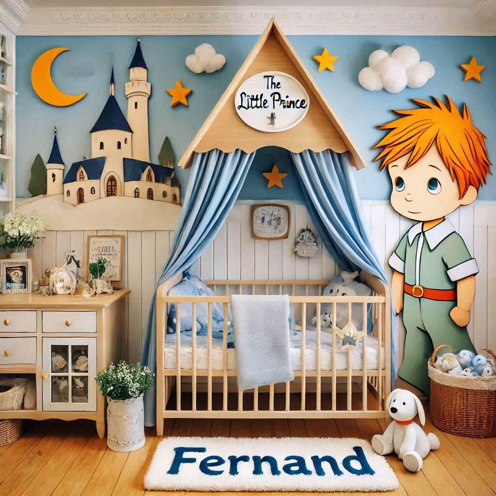 Decoration de chambre de bebe garcon avec le prenom fernand un lit cabane theme le dessin anime le petit prince