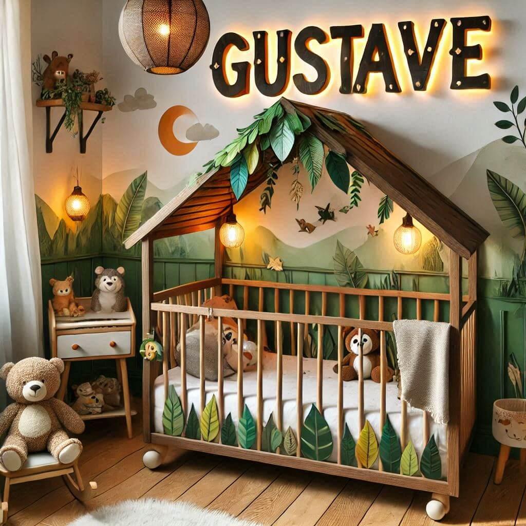 Decoration de chambre de bebe garcon avec le prenom gustave un lit cabane maison avec des feuilles et des peluches animaux theme le dessin anime le livre de la jungle lampe feuille