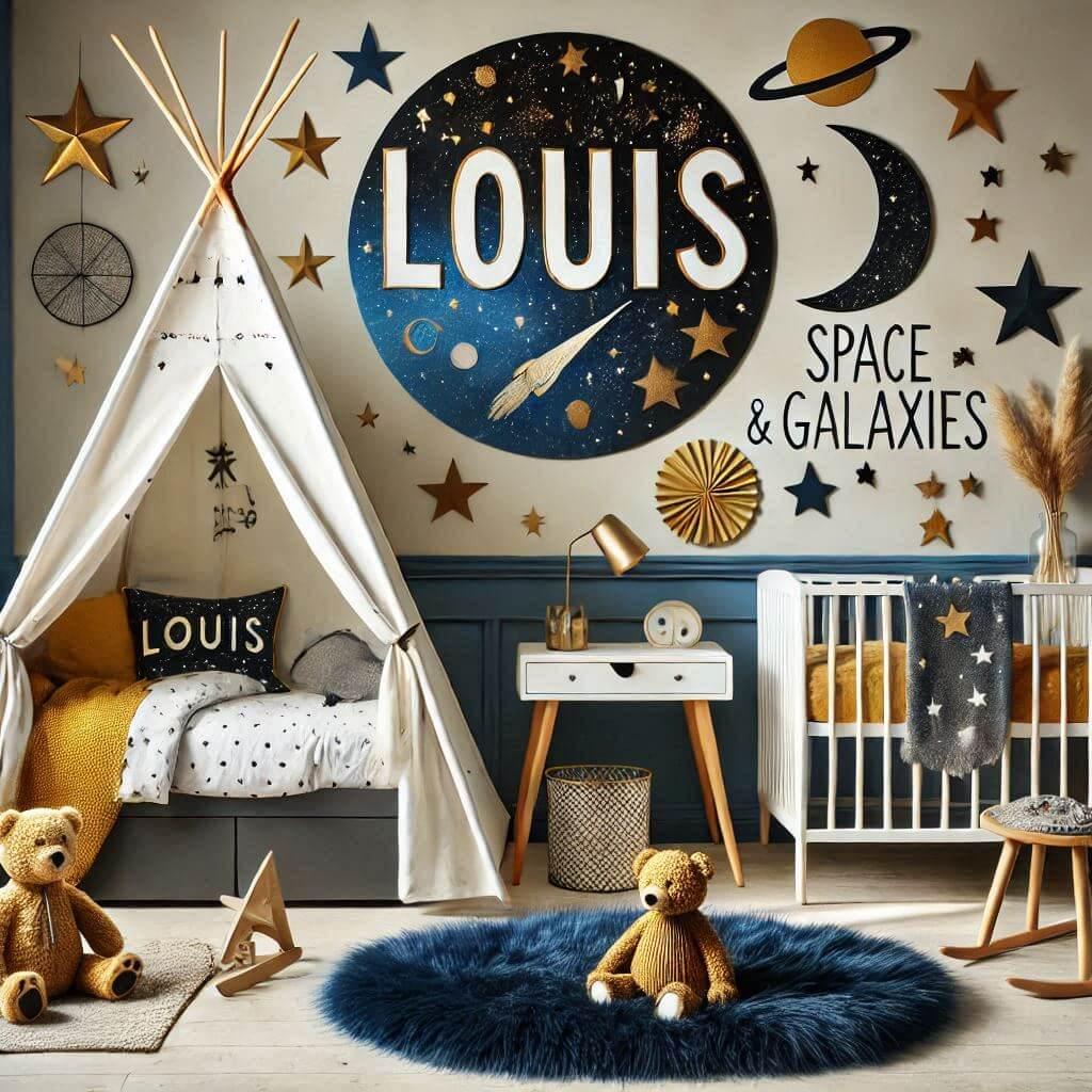 Une belle chambre de bebe garcon avec le prenom louis sur le theme espace et galaxies avec un lit cabane un tipi couleur bleu nuit moutarde