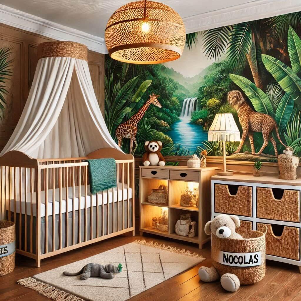 Decoration de chambre de bebe garcon avec le prenom nicolas sur le theme jungle avec un lit cabane et des tiroirs lampe en rotin allumee 1