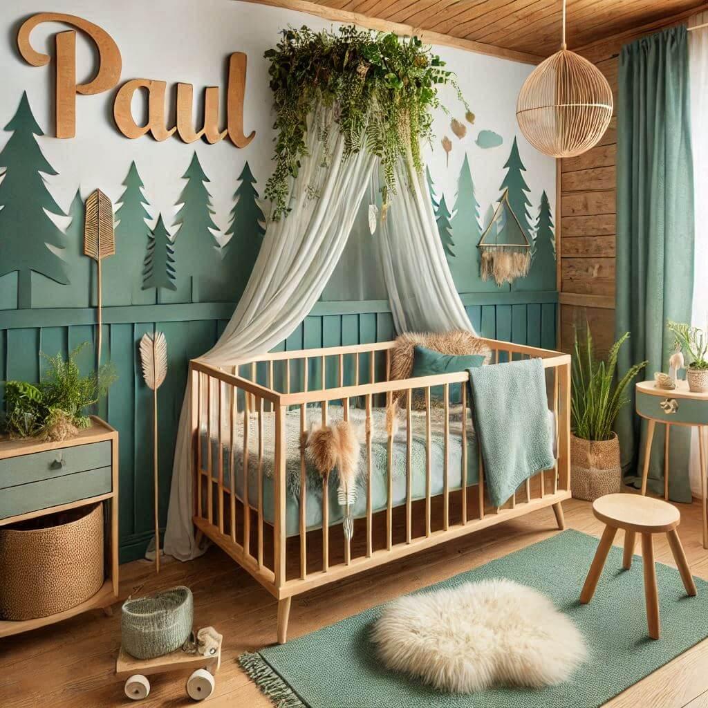 Decoration de chambre de bebe garcon avec le prenom paul sur le theme de la foret