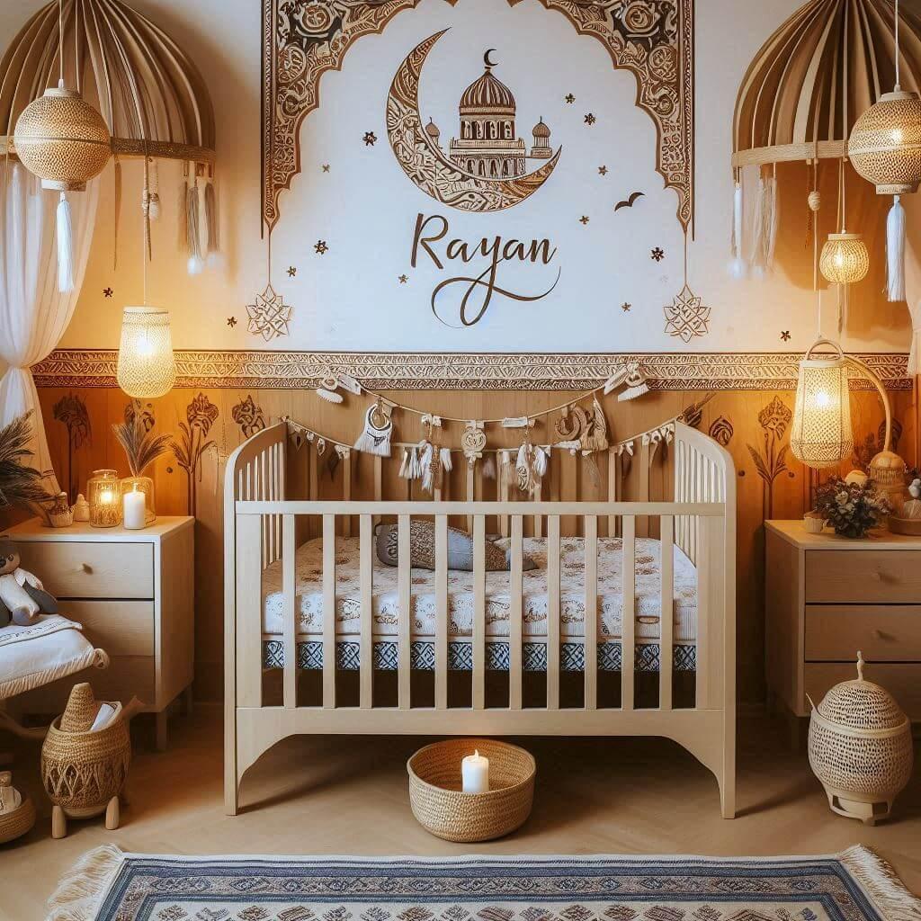 Decoration de chambre de bebe garcon avec le prenom rayan un lit cabane theme oriental 1