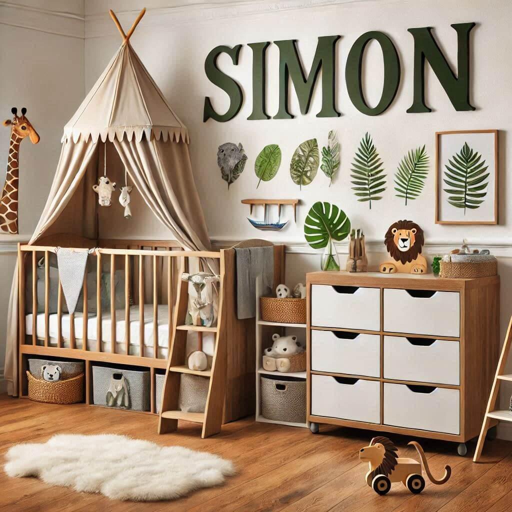 Decoration de chambre de bebe garcon avec le prenom simon sur le theme jungle avec un lit cabane et des tiroirs