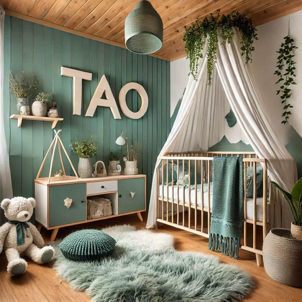 Decoration de chambre de bebe garcon avec le prenom tao sur le theme de la foret couleur vert d eau et bois naturel avec des tapis de fourrure ciel de lit lierre angle de vue