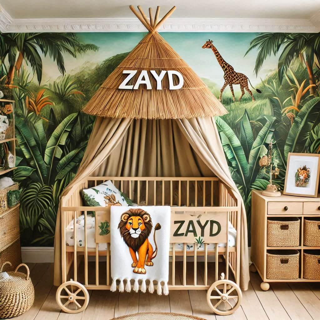 Decoration de chambre de bebe garcon avec le prenom zayd un lit cabane theme le dessin anime le livre de la jungle comme une vraie photo