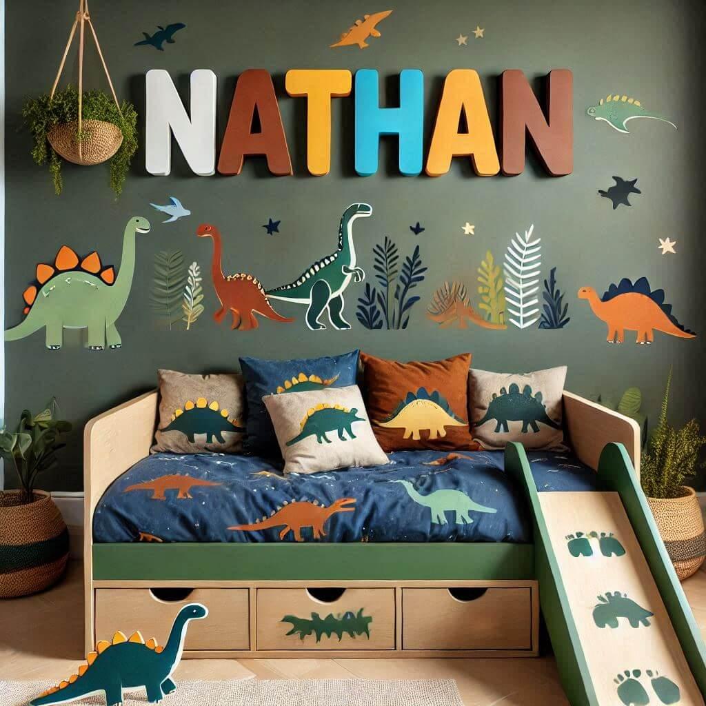 Decoration de chambre de bebe garcon nommee nathan sur le theme des dinosaures avec des couleurs vert fonce vert de eau bleu nuit marron orange et jaune le lit est un lit toboggan