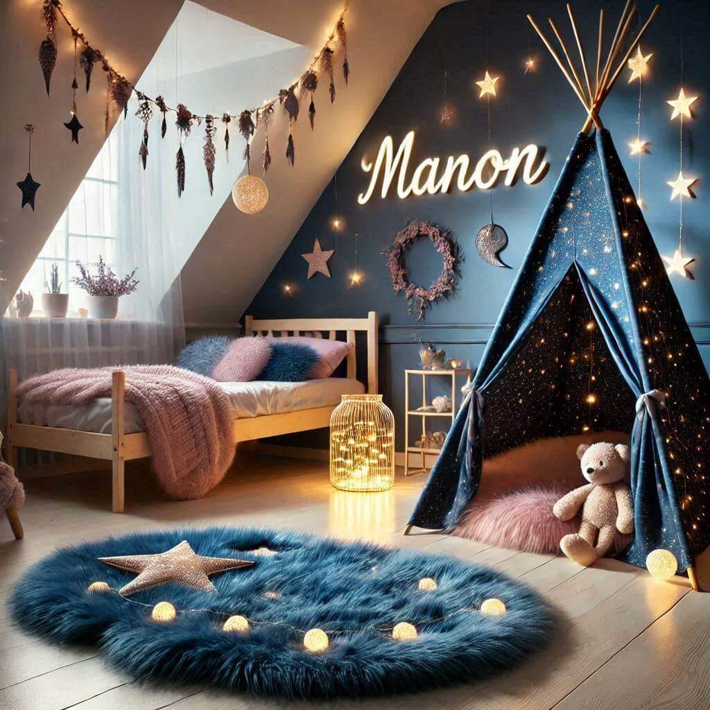 Decoration de chambre de fille sur le theme espace et galaxies avec un lit cabane un tipi couleur bleu nuit rose clair un tapis fourure bleu nuit guirlande lumineuse bocal en verre