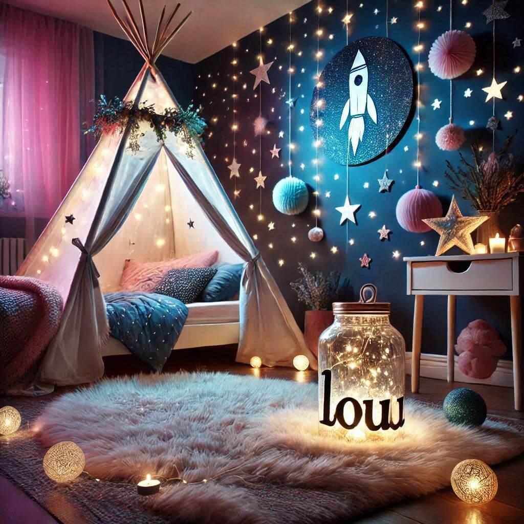 Decoration de chambre de fille sur le theme espace et galaxies avec un lit cabane un tipi couleur bleu nuit rose clair un tapis fourure bleu nuit guirlande lumineuse bocal en verre