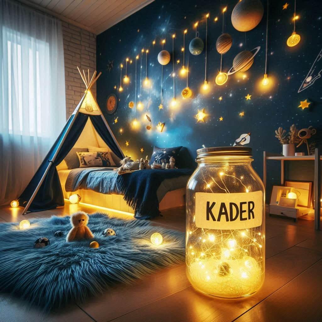 Decoration de chambre de garcon sur le theme espace et galaxies avec un lit cabane un tipi couleur bleu nuit jaune clair un tapis fourure bleu nuit guirlande lumineuse bocal en ver