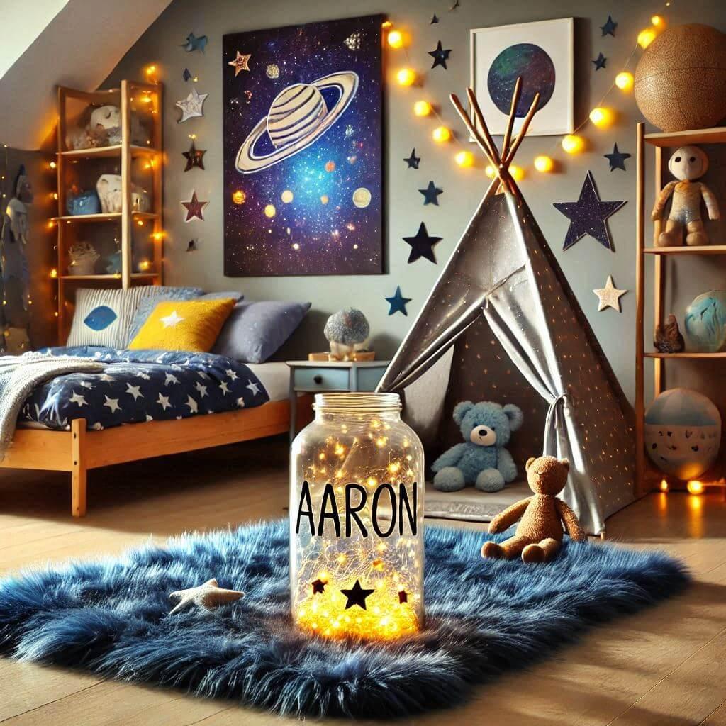 Decoration de chambre de garcon sur le theme espace et galaxies avec un lit cabane un tipi couleur bleu nuit jaune clair un tapis fourure bleu nuit guirlande lumineuse bocal en ver