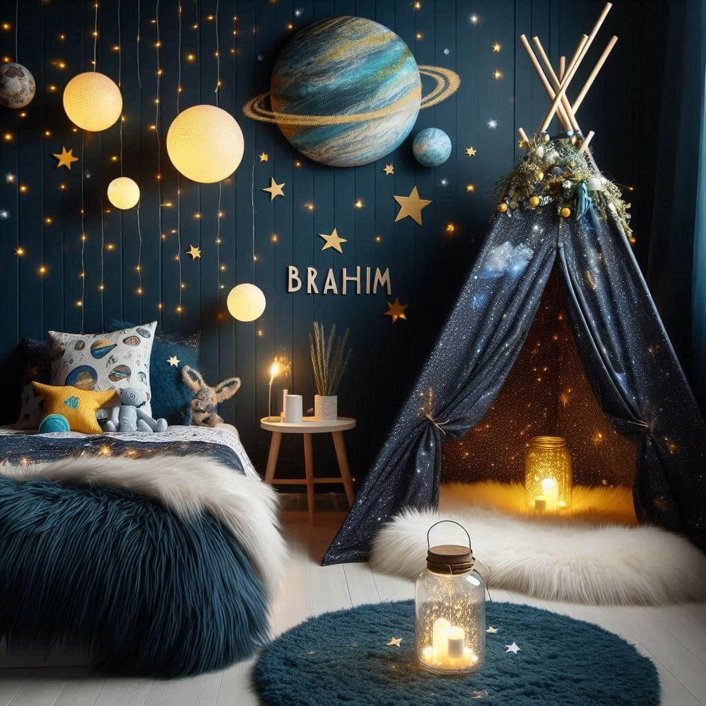 Decoration de chambre de garcon sur le theme espace et galaxies avec un lit cabane un tipi couleur bleu nuit jaune clair un tapis fourure bleu nuit guirlande lumineuse bocal en ver