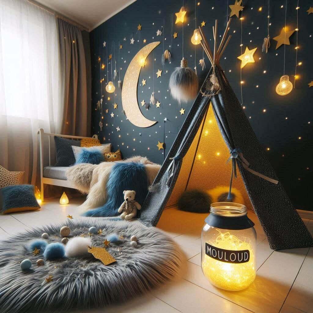 Decoration de chambre de garcon sur le theme espace et galaxies avec un lit cabane un tipi couleur bleu nuit jaune clair un tapis fourure bleu nuit guirlande lumineuse bocal en ver