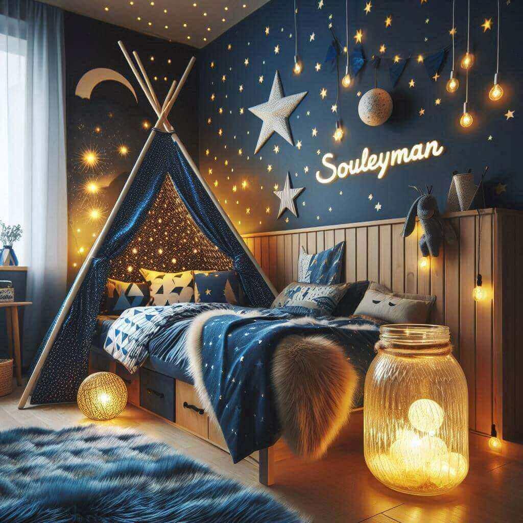 Decoration de chambre de garcon sur le theme espace et galaxies avec le prenom Souleyman