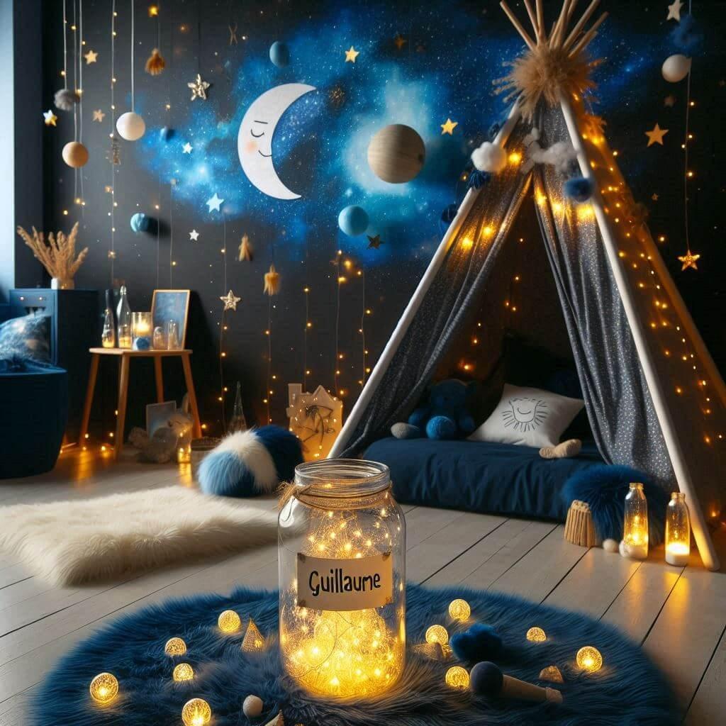 Decoration de chambre de garcon sur le theme espace et galaxies avec un lit cabane un tipi couleur bleu nuit jaune clair un tapis fourure bleu nuit guirlande lumineuse bocal en ver