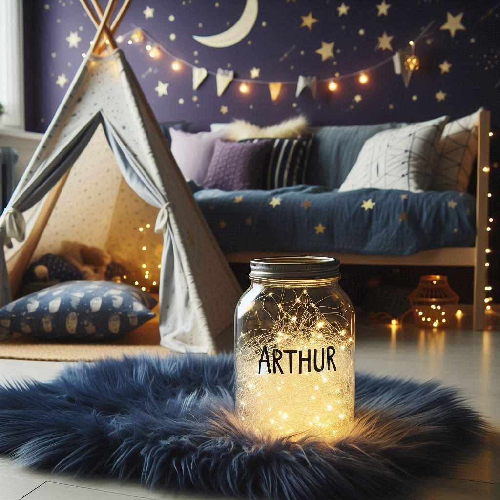 Decoration de chambre de garcon sur le theme espace et galaxies avec un lit cabane un tipi, prenom arthur