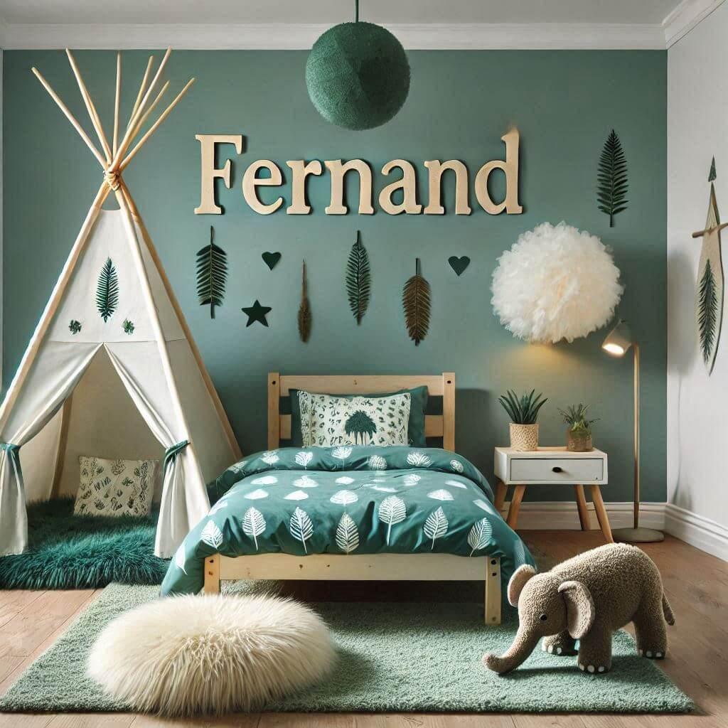 Decoration de chambre de petit garcon avec le prenom fernand sur le theme de la foret lit simple draps motifs feuilles couleur vert d eau et bois naturel avec des tapis de fourrure