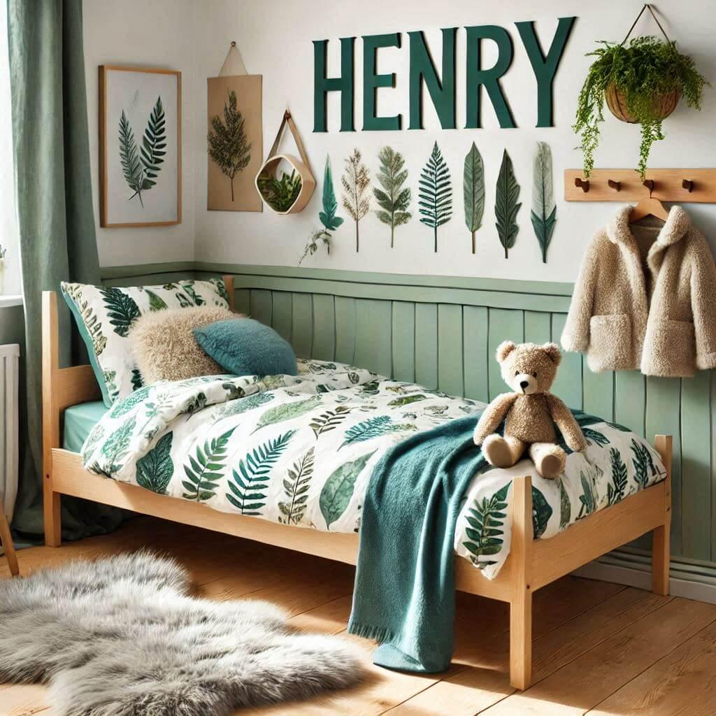 Decoration de chambre de petit garcon avec le prenom henri sur le theme de la foret lit simple draps motifs feuilles couleur vert d eau et bois naturel avec des tapis de fourrure i