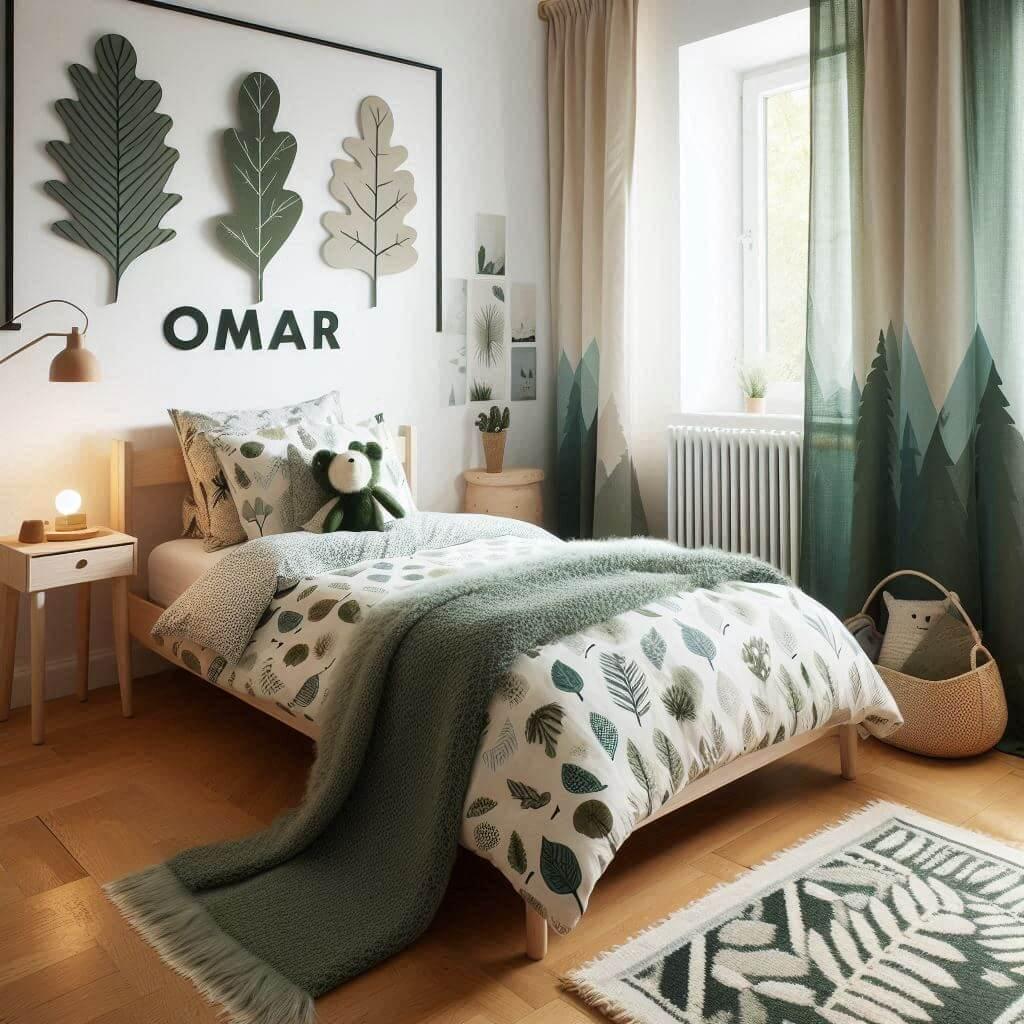 Decoration de chambre de petit garcon avec le prenom omar sur le theme de la foret lit simple draps motifs feuilles couleur vert d eau et bois naturel avec des tapis de fourrure an