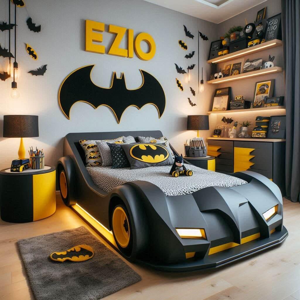 Decoration de chambre de petit garcon sur le theme batman avec le prenom ezio avec un lit en forme de voiture de batman