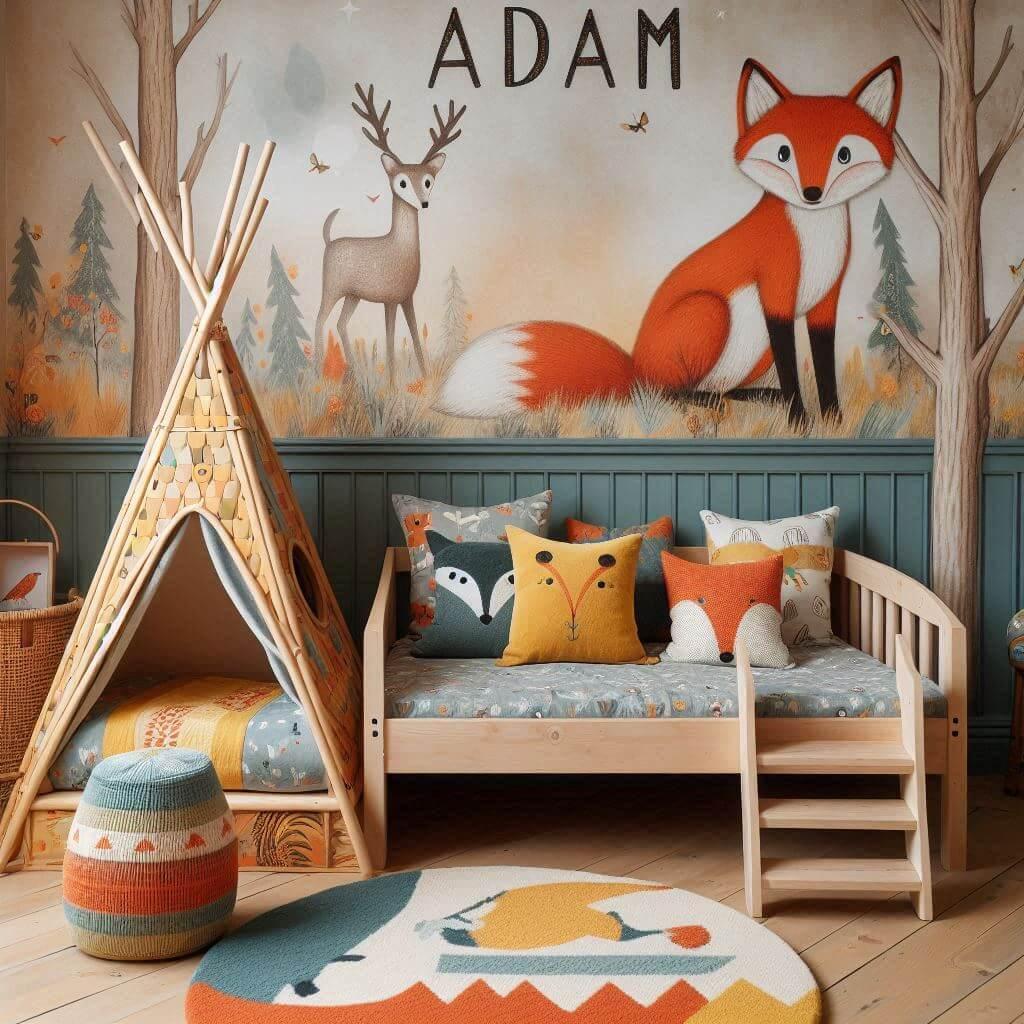 Decoration de chambre de petit garcon sur le theme renard avec le prenom adam ecrit sur un coussin avec un lit cabane tippi papier peint renard