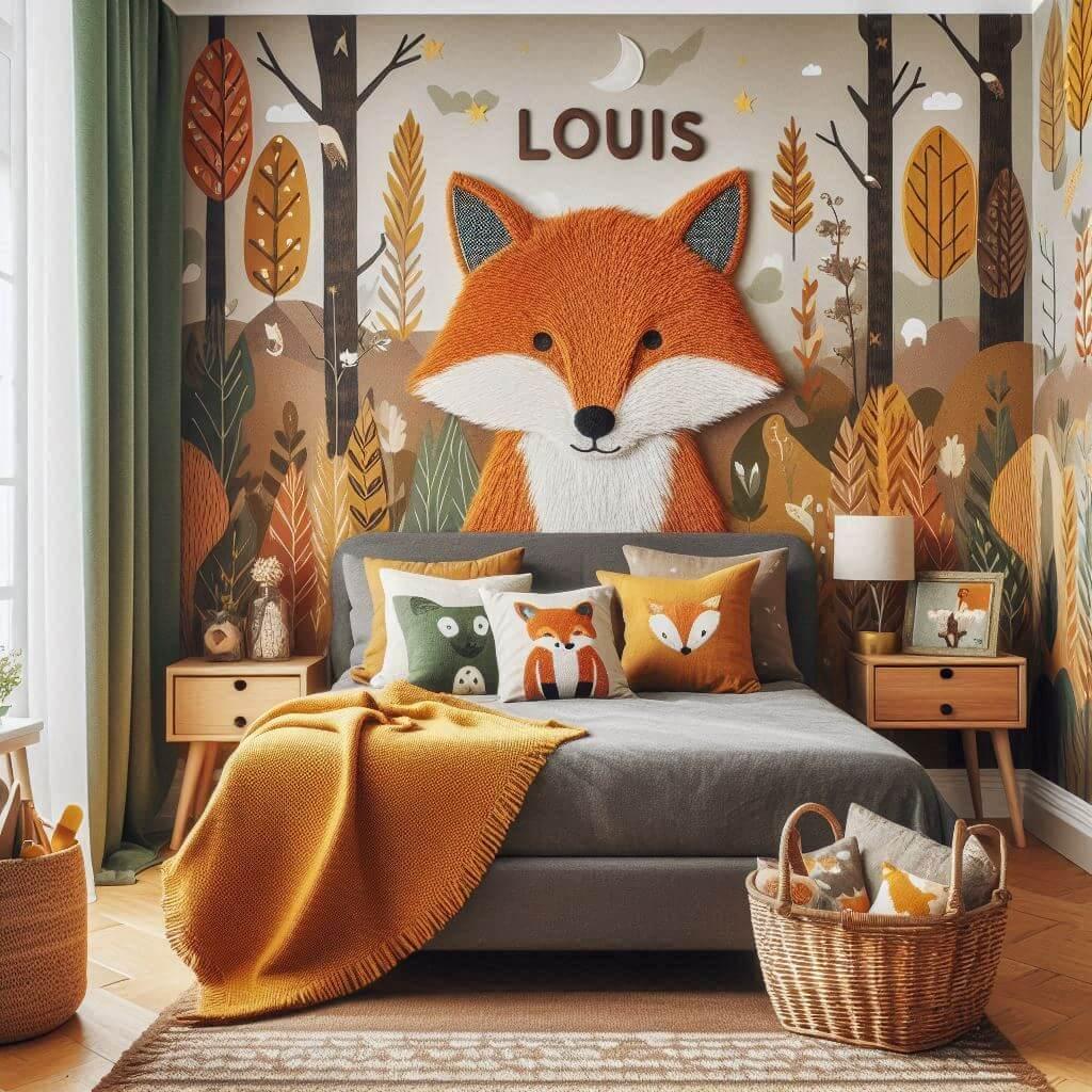 Decoration de chambre de petit garcon sur le theme renard avec le prenom louis ecrit sur un coussin