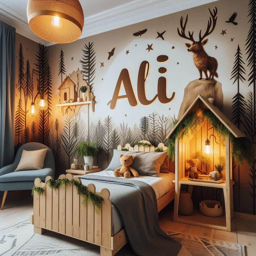 Decoration de chambre de petit garcon sur le theme savane avec le prenom ali avec un lit en forme de cabane dans les bois le prenom ali est ecrit dans la decoration sur une affiche