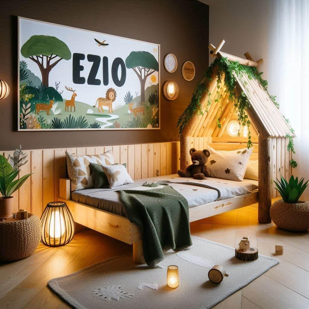 Décoration de chambre de petit garçon sur le thème savane avec le prénom Ezio. Chambre avec un lit en forme de cabane dans les bois, affiche décorative avec le prénom Ezio