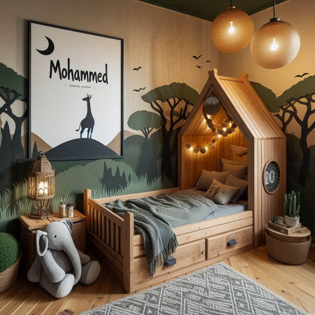 Decoration de chambre de petit garcon sur le theme savane avec le prenom mohammed avec un lit en forme de cabane dans les bois le prenom mohammed est ecrit dans la decoration sur u