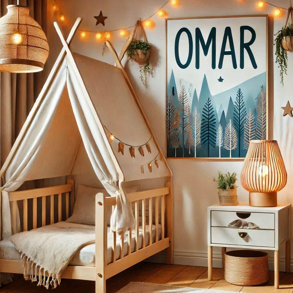 Decoration de chambre de petit garcon sur le theme savane avec le prenom omar avec un lit en forme de cabane dans les bois le prenom omar est ecrit dans la decoration sur une affic