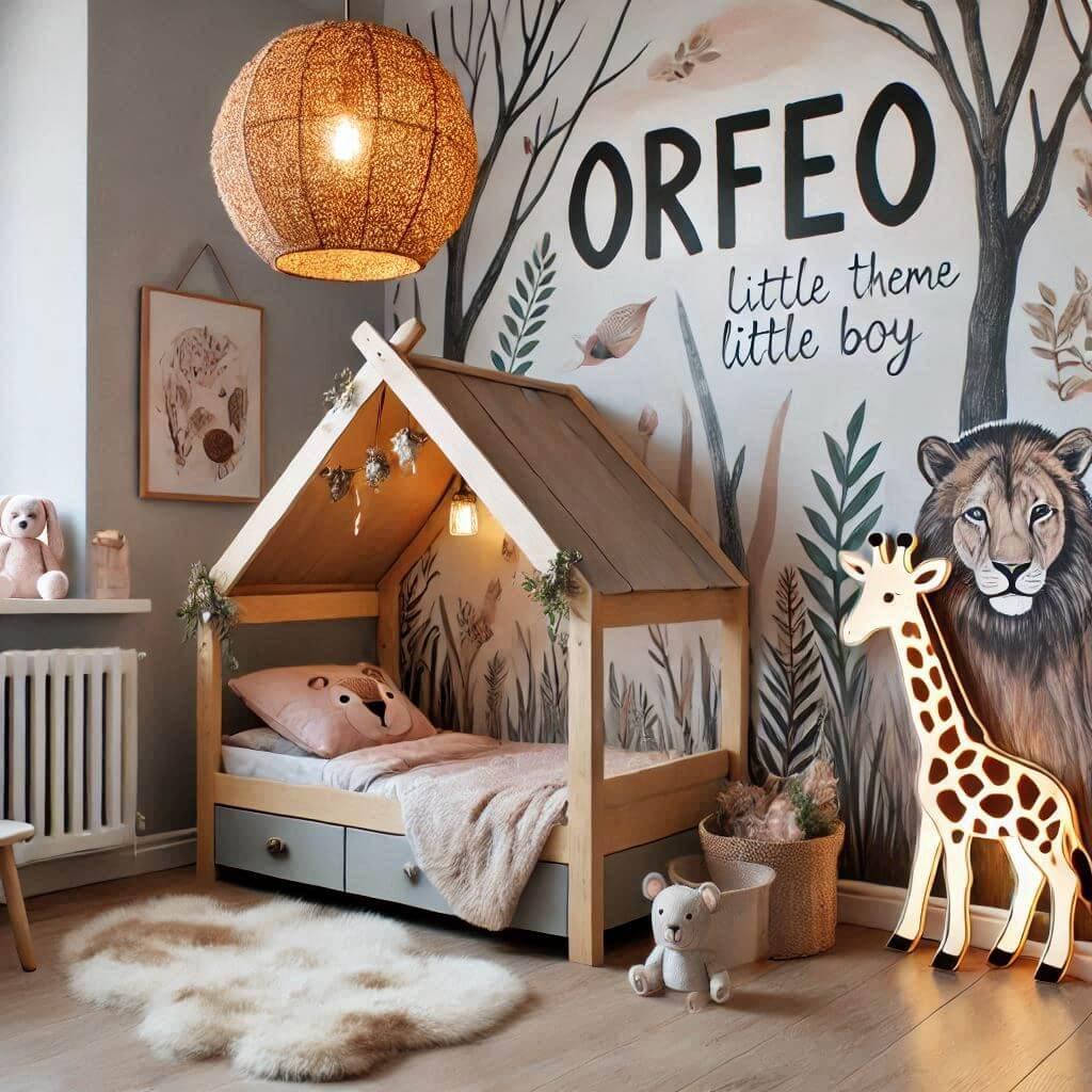 Decoration de chambre de petit garcon sur le theme savane avec le prenom orfeo avec un lit en forme de cabane dans les bois le prenom orfeo est ecrit dans la decoration sur une aff