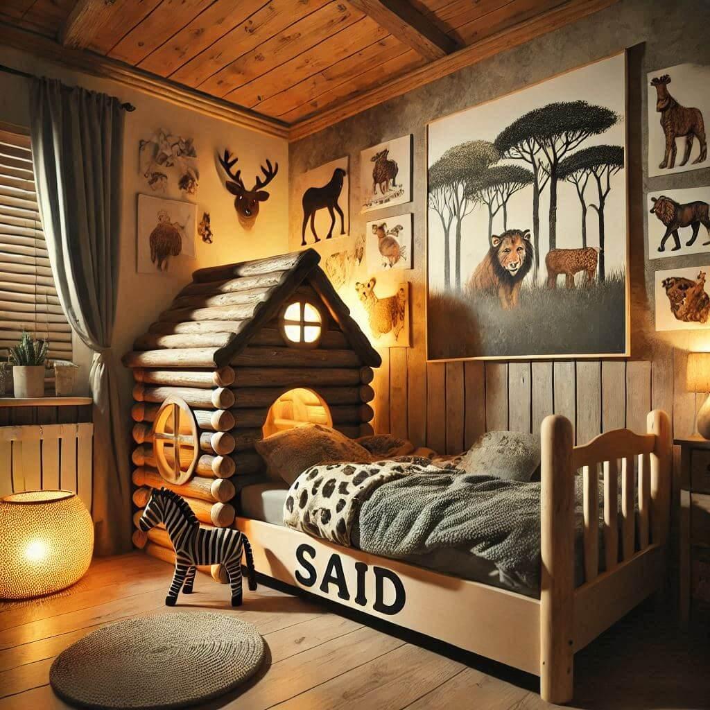 Decoration de chambre de petit garcon sur le theme savane avec le prenom said avec un lit en forme de cabane dans les bois le prenom said est ecrit dans la decoration sur une affic