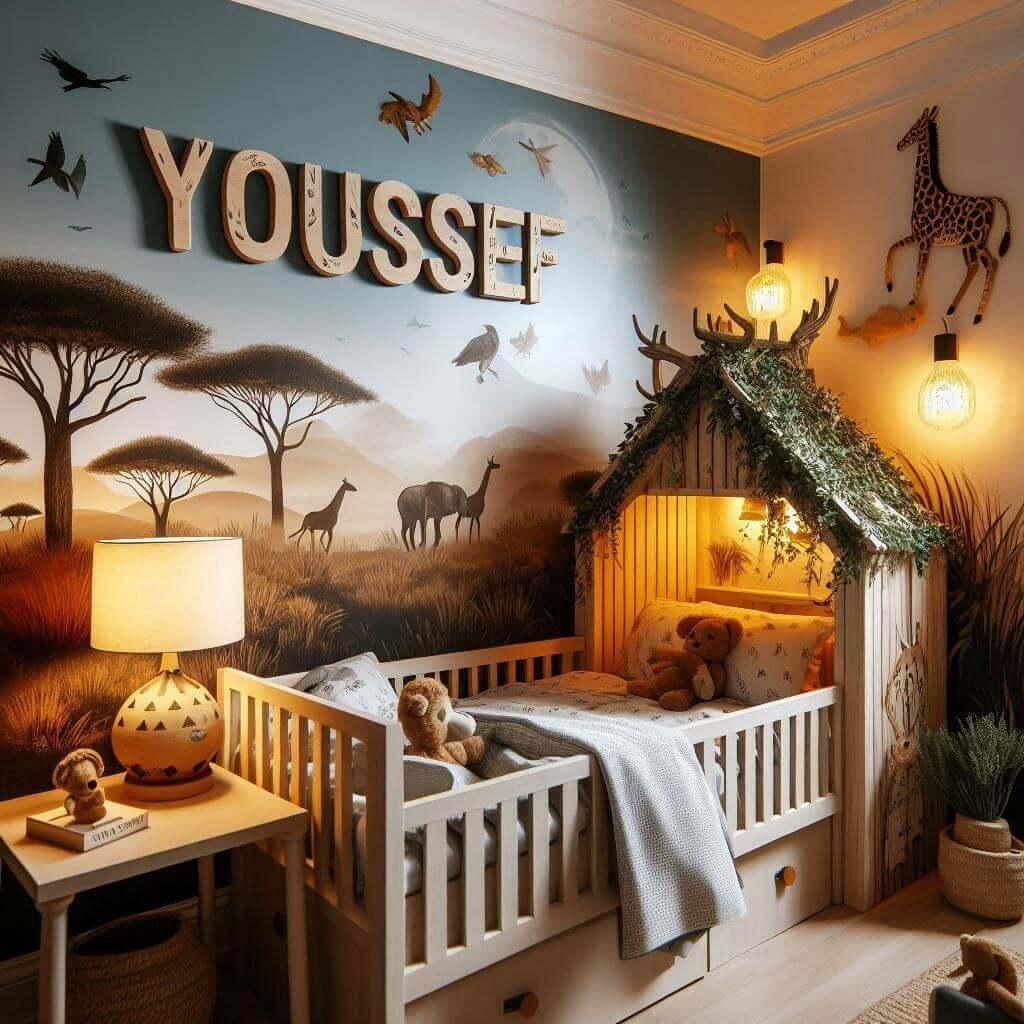 Decoration de chambre de petit garcon sur le theme savane avec le prenom youssef avec un lit en forme de cabane dans les bois le prenom youssef est ecrit dans la decoration sur une