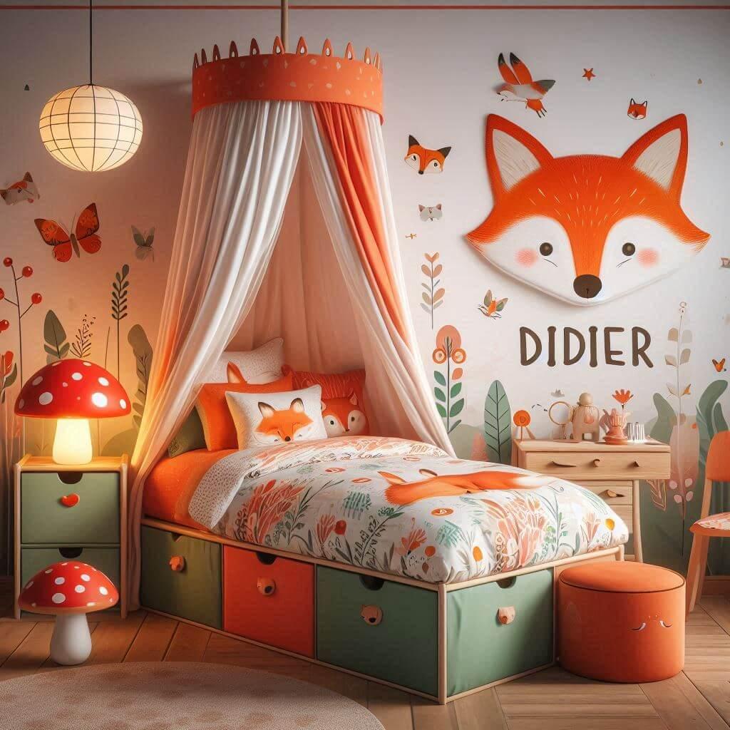 Decoration de chambre de petite fille sur le theme renard avec le prenom didier ecrit sur le ciel de lit avec un lit simple ciel de lit couleur pastel orange rouge vert marron meub