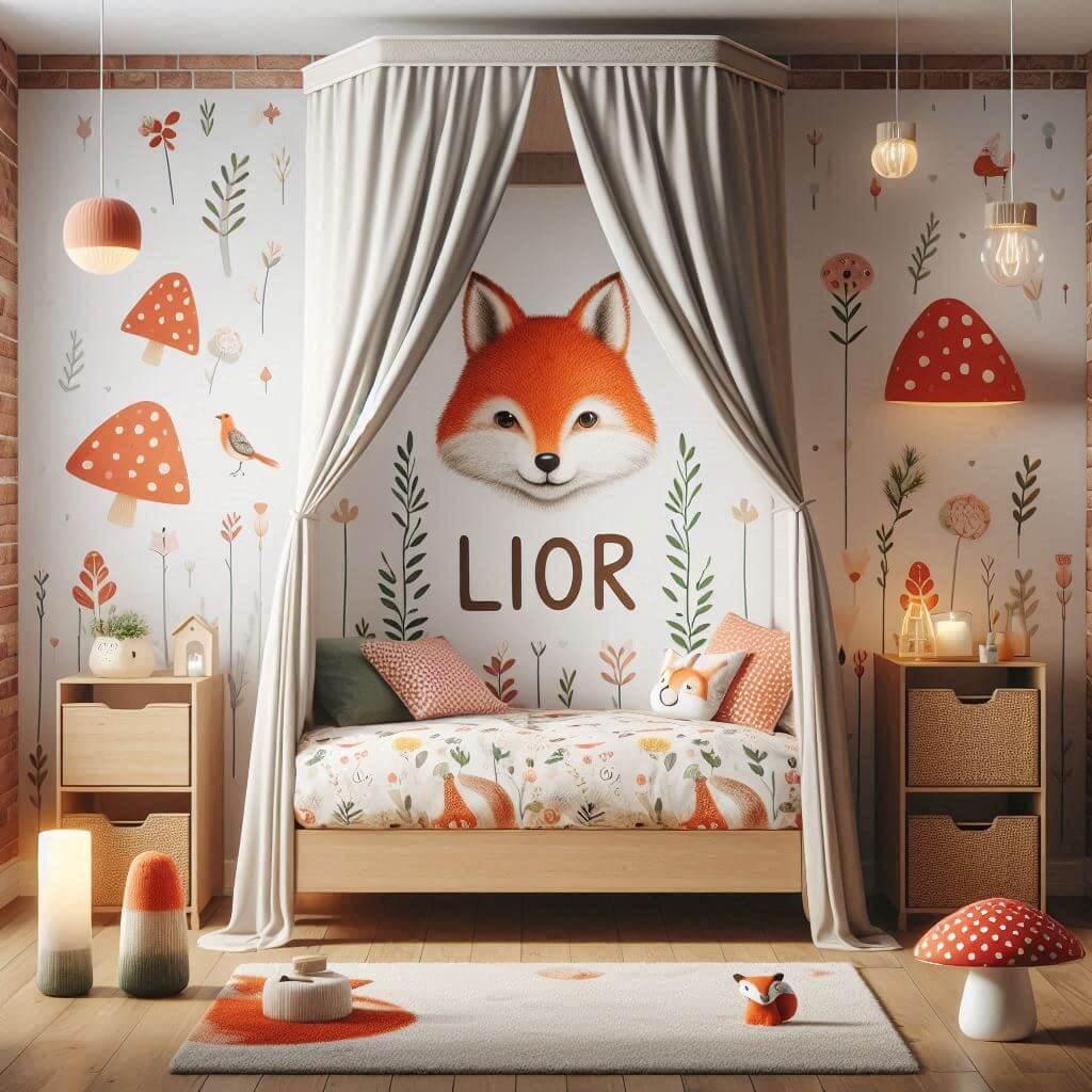 Decoration de chambre de petite fille sur le theme renard avec le prenom lior ecrit sur le ciel de lit avec un lit simple ciel de lit couleur pastel orange rouge vert marron meuble