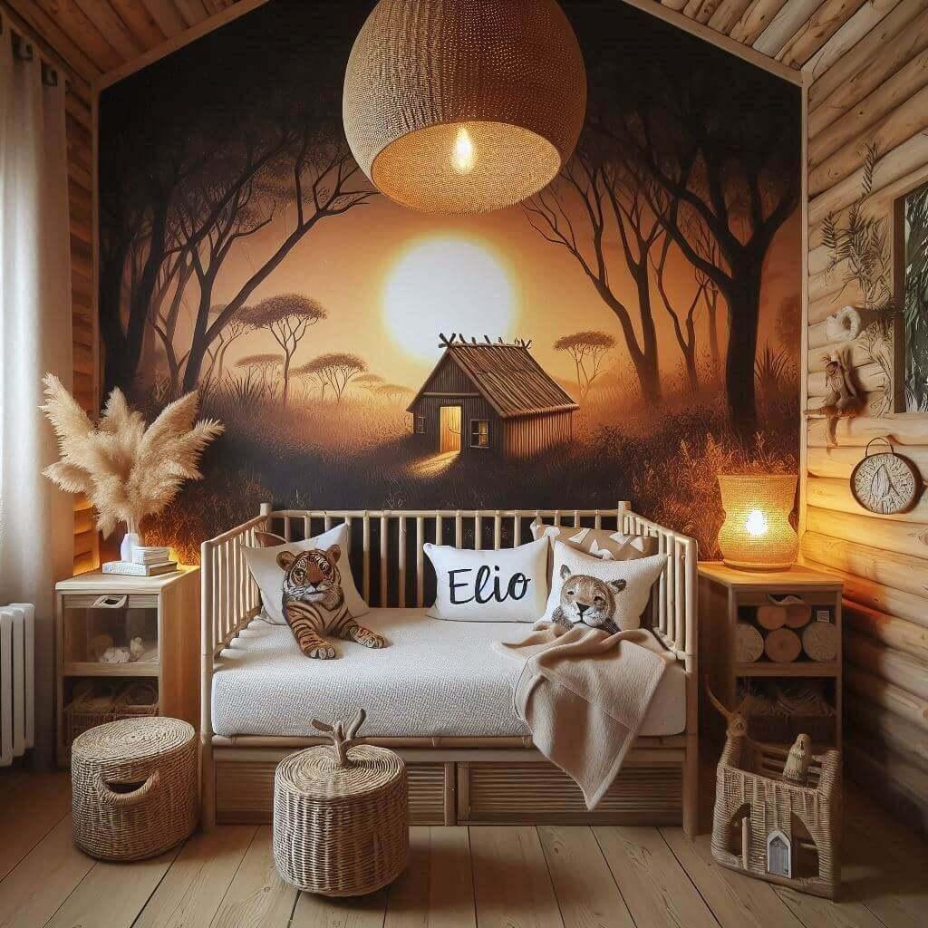 Decoration de chambre de petit garcon sur le theme savane avec le prenom elio avec un lit en forme de cabane dans les bois le prenom elio est ecrit sur un coussin et la lampe en ro