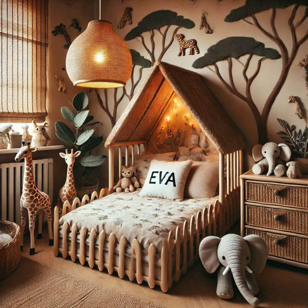 Decoration de chambre de petite fille sur le theme savane avec le prenom eva avec un lit en forme de cabane dans les bois le prenom eva est ecrit sur un coussin et la lampe en roti