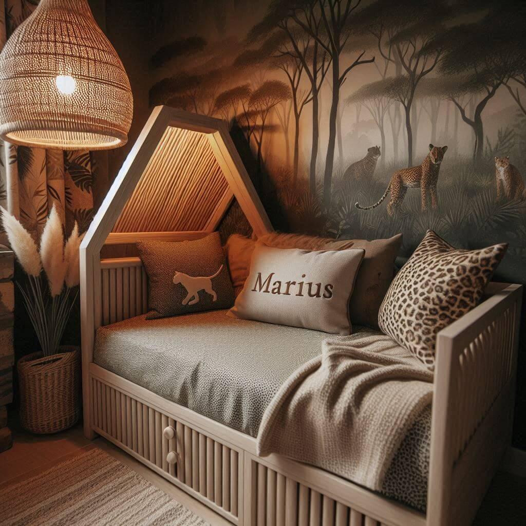 Decoration de chambre de petite garcon sur le theme savane avec un lit en forme de cabane dans les bois le prenom marius est ecrit sur un coussin et la lampe en rotin a un eclairag