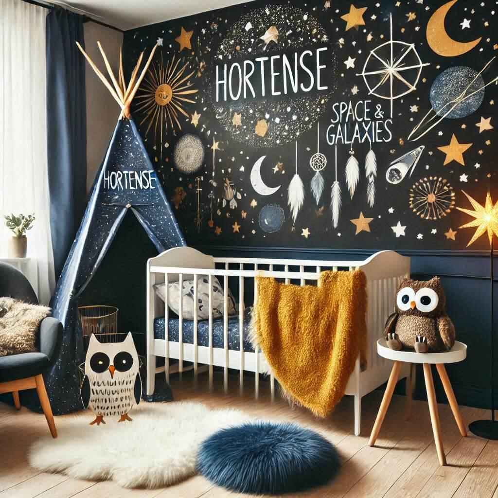 Decoration de chambre denfant fille sur le theme espace et galaxies avec un lit cabane nomme hortense un tipi couleur bleu nuit moutarde un tapis fourure bleu nuit tapis de fourure