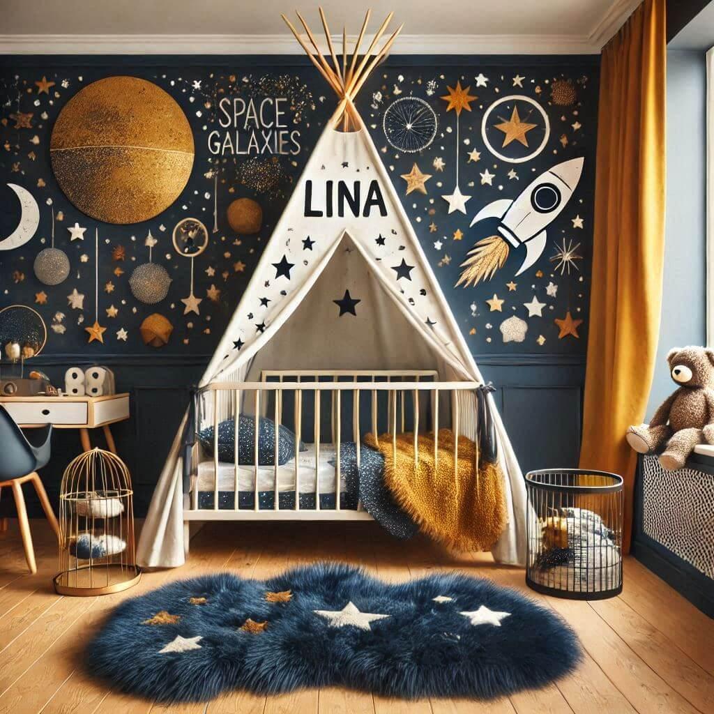 chambre-enfant-fille-prenom-lina-theme-espace-galaxie-lit-cabane-tipi-couleurs-bleu-nuit-moutarde-tapis-fourrure