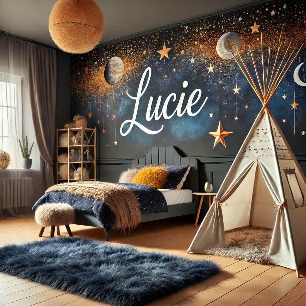 Decoration de chambre denfant fille sur le theme espace et galaxies avec un lit cabane nomme lucie un tipi couleur bleu nuit moutarde un tapis fourure bleu nuit prenom lucie sur le