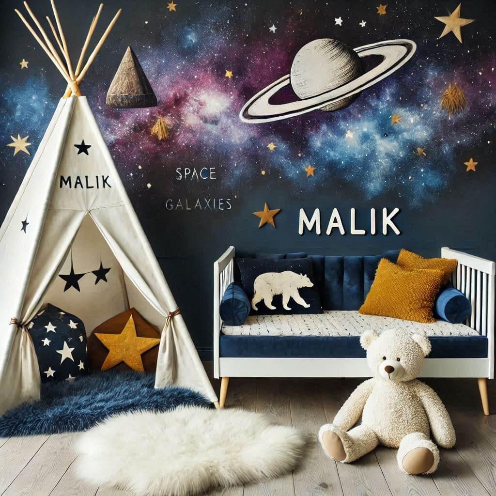 chambre enfant theme espace et galaxie, prenom malik